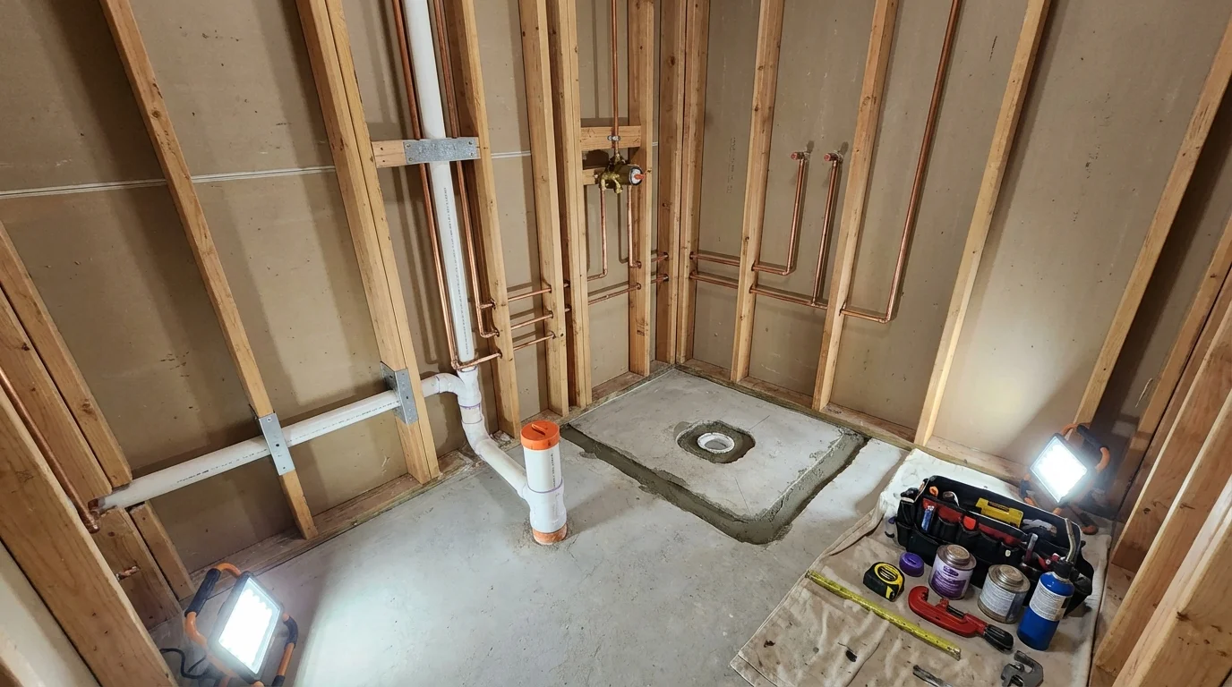 Bathroom rough-in plumbing during remodel by Johns Plumbing LLC in Pasco