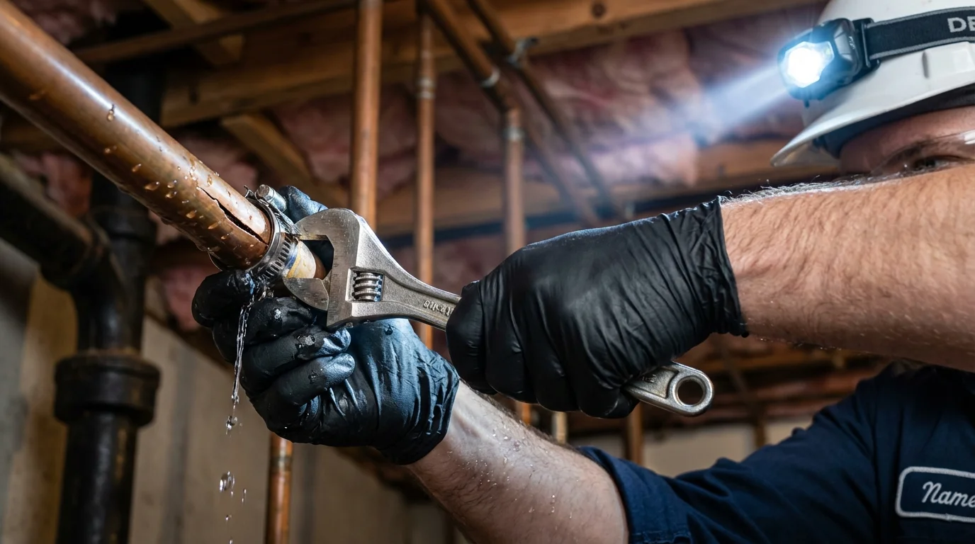 Emergency pipe clamp repair being performed by a Johns Plumbing LLC plumber in Pasco