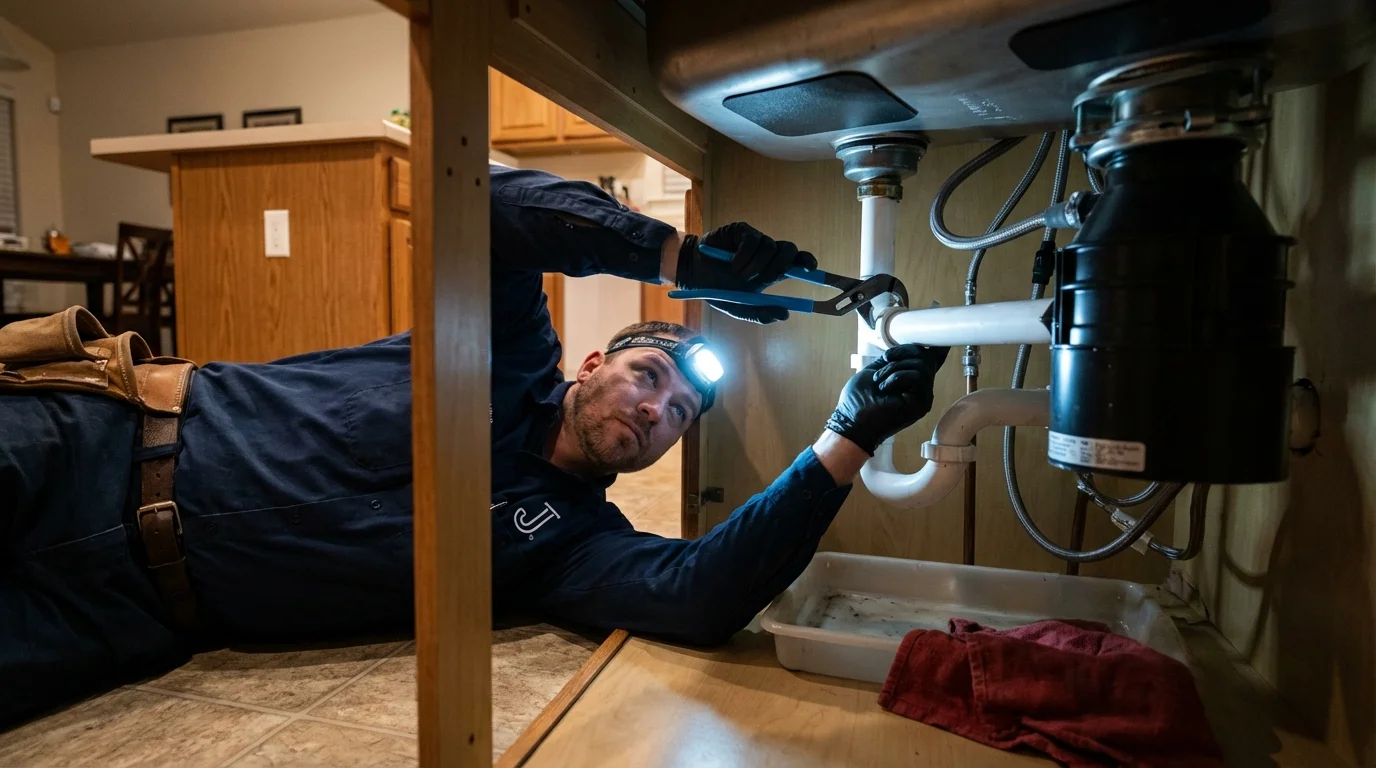P-trap and supply line connections under a kitchen sink showing a common leak point in Pasco, WA